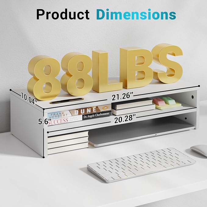BONTEC Wood Monitor Stand Riser, 2-Tier Desktop Organizer | Ergonomic Computer Stand for Desk, Cable Management, Cellphone Holder, 21.3 Inch Shelf, White