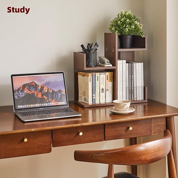 Aibiju Small Bookshelf for Small Space, Unique Cactus Bookcase, Kitchen Counter Shelf Desktop Organization, Light Walnut YD-DSR002LW