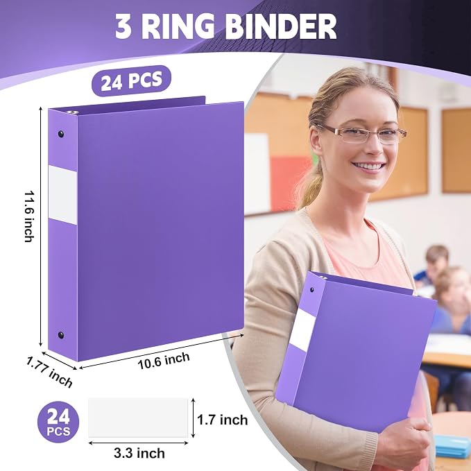 Henoyso 24 Pcs 1.5 Inch 3 Ring Binders, Letter Size,Purple | Binders Bulk, Holds 350 Sheets, Round Rings, Durable Flexible PP Plastic Covers, Pockets Labels, School Office Supplies