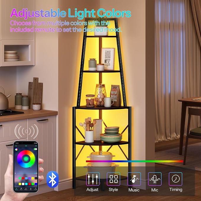 HOOBRO 5-Tier Corner Shelf with LED Lights, 67.9” Tall Corner Shelf Stand, Corner Bookshelf, Corner Plant Stand Display Shelf, for Living Room, Kitchen, Home Office, Black BB120DCJ01