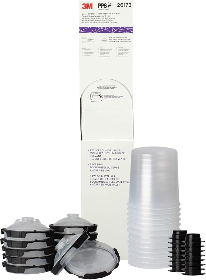 3M PPS 2.0 Paint Spray Gun System Refill Kit with Lids and Liners, 26173 | 22 oz; Standard, 200-Micron Filter; 12 Disposable Lids and Liners; 16 Sealing Plugs;Use for Cars; Furniture; Home and more