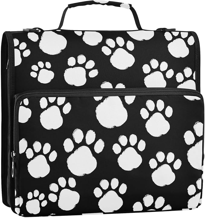 White Black Paws Print 3 Ring Binder Bag 1.5 inch Binder Organizer with Zipper Shoulder Strap 500 Sheet Documents Storage for School Office