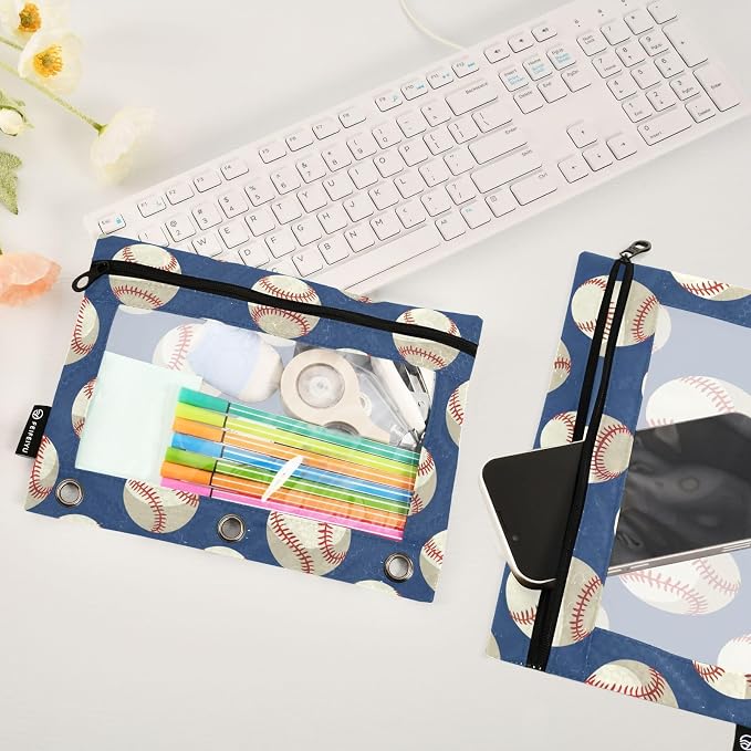 Baseballs Ball on Blue Pencil Pouch for 3 Ring Binder, 2 Pack Waterproof Pencil Bags Clear Window Zipper School Office Supplies