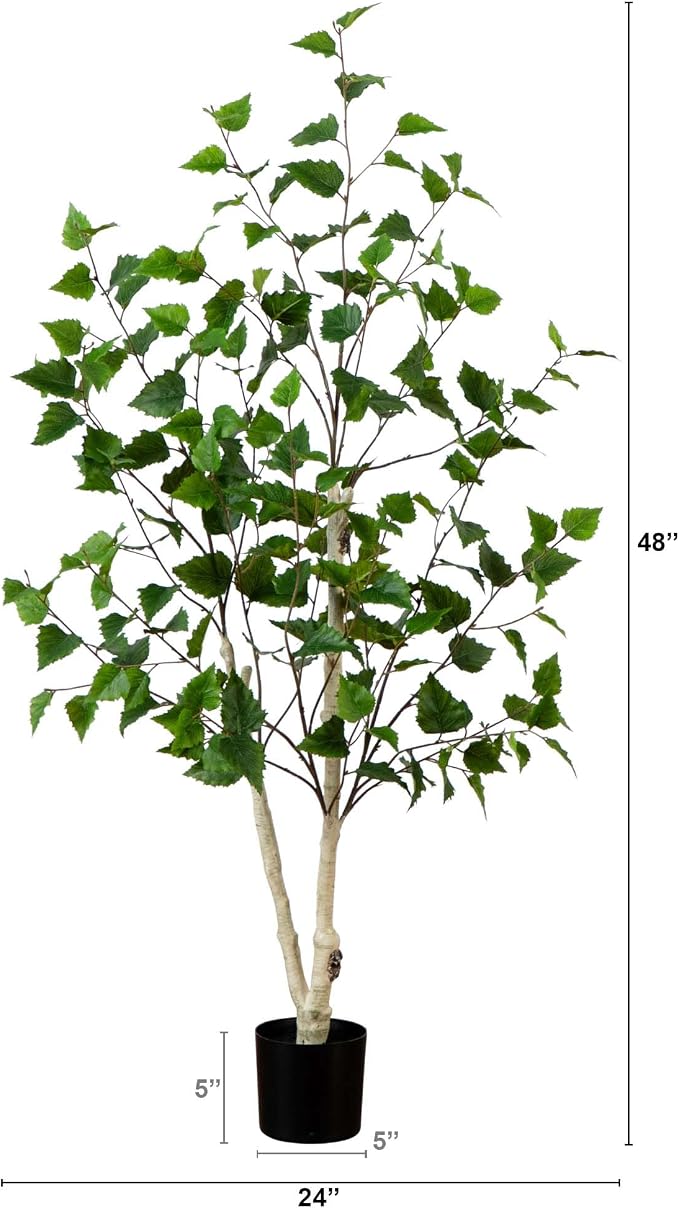 Nearly Natural 4 ft Artificial Birch Tree Real-Touch Leaves Indoor Plant | Nature-Inspired Detail, Light-Hued Bark, Flexible Branches, Stable Nursery Planter Included, Modern Living Room Decor Accent