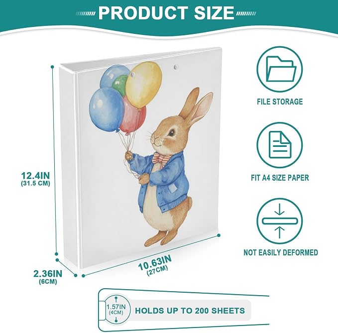 Colorful Balloon Rabbit Binder 1.5 Inch Binder with Clipboard&Pockets, Cute Bunny Hardcover Binders 3 Ring, Heavy Duty Large File Folder for Office School Supplies-Holds 200 Sheets, 2 Pack
