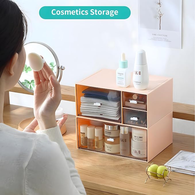 Stackable Storage Drawers, Office Desk Organizer with 4 Mix Drawers | Pink, Plastic Mini Desktop Storage Box, Tabletop Small Craft Drawer for Office Supplies, Makeup Desk Organizer and Accessory
