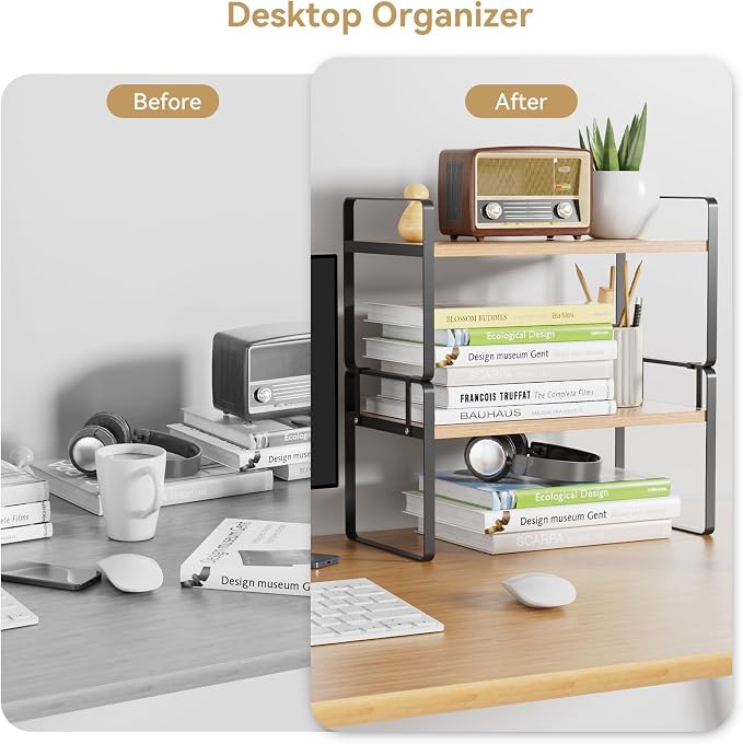 YGYQZ Desk Shelf Organizer, 2-Tier Desktop Bookshelf, Black & Wood | Detachable Design, 2-Tier Storage, Multi-Use Desktop Shelf, Compact Organization, Ideal for Office, Dorm & Home