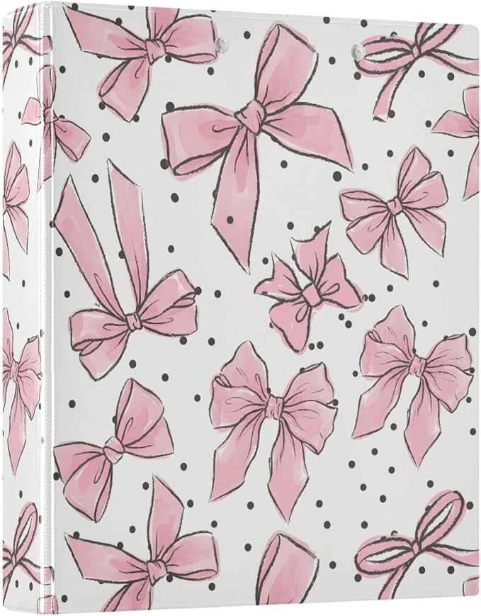 3 Ring Binder Pink Bows Dots 1.5" Round Ring Binders View Binder with 200 Sheet for Kids School Supplies Women Men Office, 1 Pack