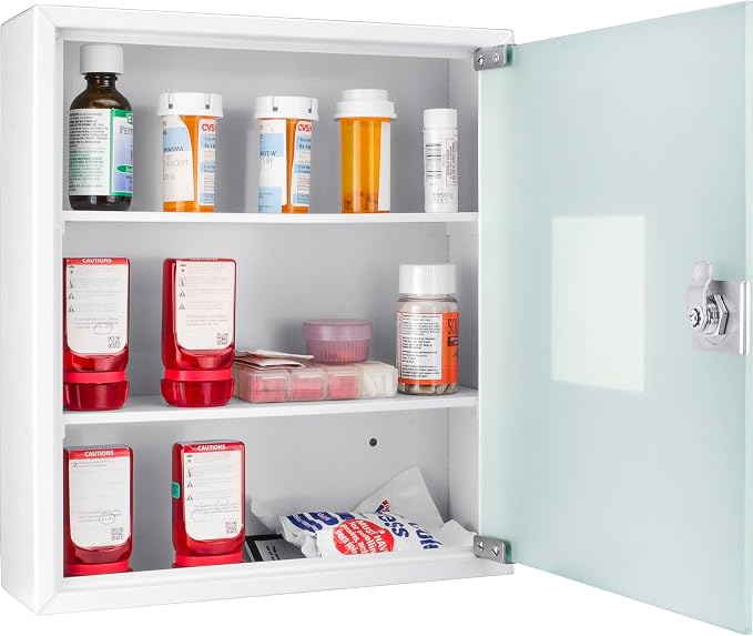 Barska Wall Mount Medical Security Cabinet with Key Lock – Standard Size, Includes Magnetic Erase Pad for Medications, First Aid, or Supplies - Medicine Cabinet Organizer - Medicine Storage Glass