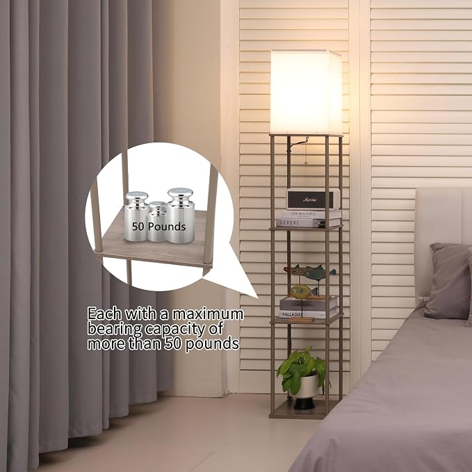 Gupuzm Floor Lamp with Shelves, Modern Square Standing Lamp with 3 Color Temperature Bulb, Corner Display Bookshelf Lamp for Living Room, Bedroom and Office （Grey）