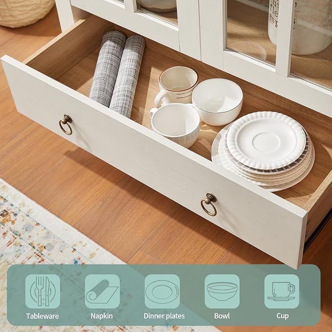 RowyPoey 71" Tall Arched Cabinet Bookshelf with Glass Door & Storage Drawer | Modern Farmhouse Display Cabinet,Adjustable Shelves,Wooden Kitchen Pantry for Dining Room,Living Room,Antique White,2 Pack