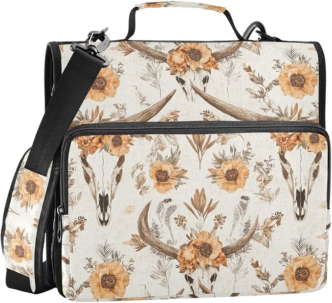 Western Boho Cow Skull Flower Zipper Binder with Shoulder Strap Bag 3 Ring Binder Organizer Large Capacity Multiple Compartments for School Office