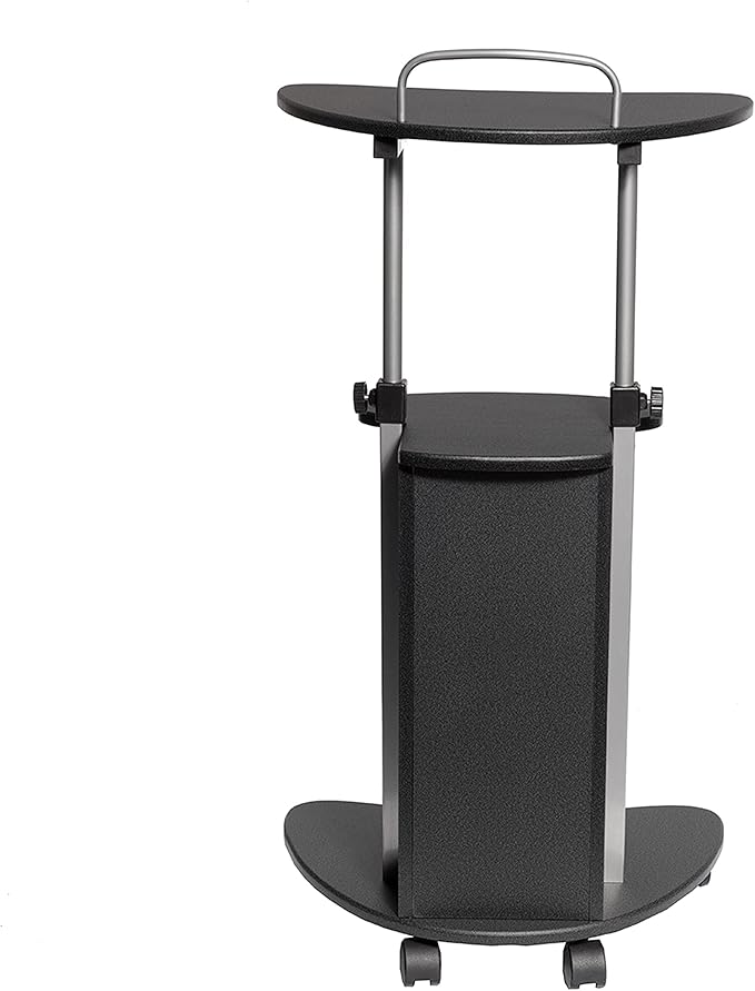 Techni Mobili Adjustable Height Rolling Laptop Cart with Storage, Graphite | Adjustable height rolling laptop cart with storage drawer, open shelf, wheels, sit‑stand design for office or medical use