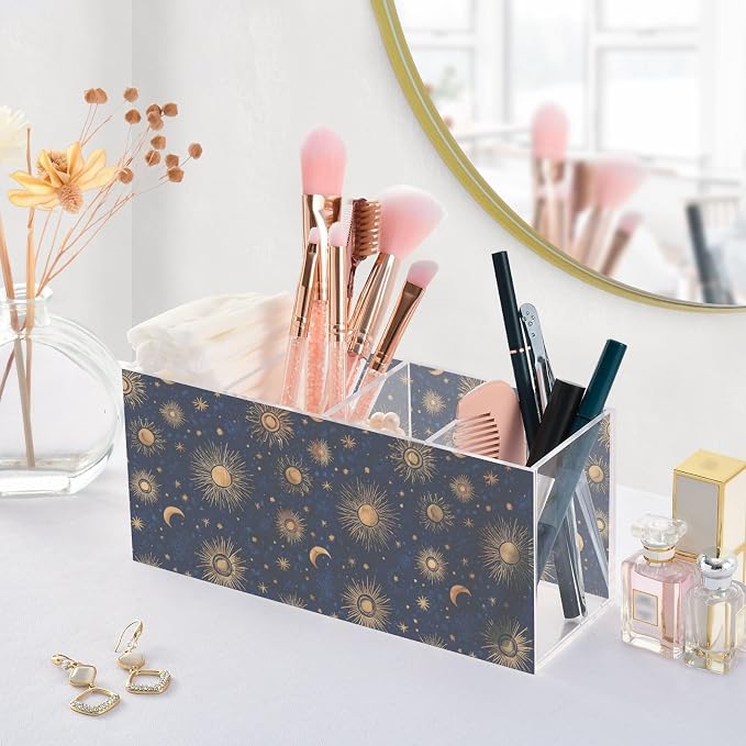 Sun Moon Star Acrylic Pencil Pen Holder Desk Accessories Holder, Cosmetic Brush Organizer Modern Design Desktop Stationery Organizer for Office School and Home 7.87 x 2.48 x 3.54 In