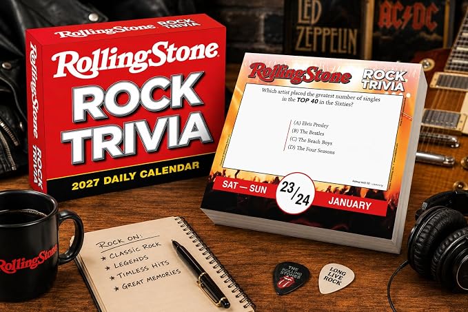 Rolling Stone Rock Trivia 2027 Daily Desk Calendar: Boxed Page-a-Day Music Quiz Calendar with Day-to-Day Rock History, Legends & Iconic Moments