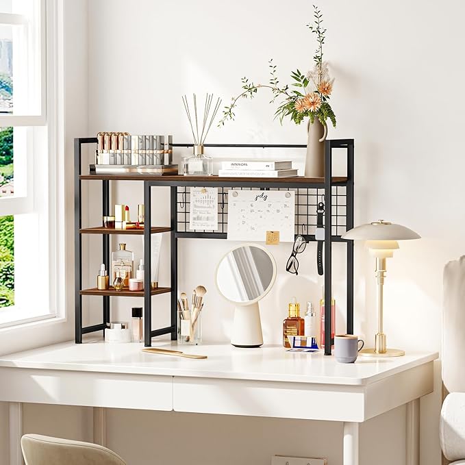 Snughome Desk Shelf, 38.6" Desktop Organizer Shelf, Desk Hutch for Computer Monitor, 4 Tier Desk Display Rack with Pegboard Hooks Set, Wood Desktop Bookshelf for Home Office Dorm
