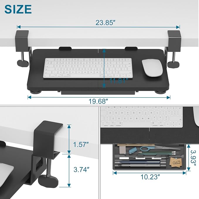 ETHU Keyboard Tray Under Desk, 19.7" X 11.81" Small Size Keyboard Drawer with C Clamp-on Mount Easy to Install, Computer Keyboard Stand Slide Pull Out, Ergonomic Keyboard Tray for Home & Office, Black