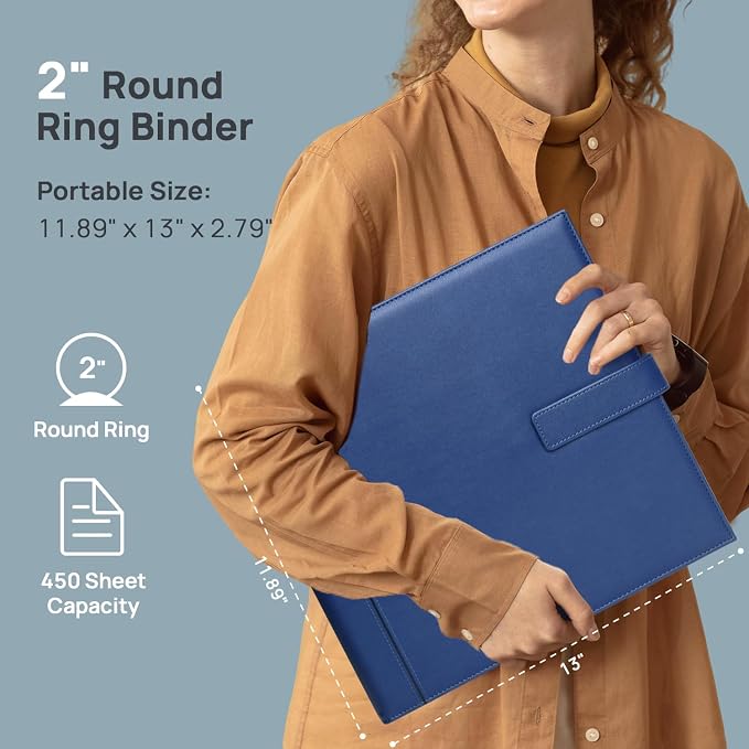 POPRUN 2 Inch PU Leather Portfolio Binder, Letter Size, Blue | 2" Ring, Letter Size, PU Leather, Dividers, Document Organizer, Business, Meetings, Office