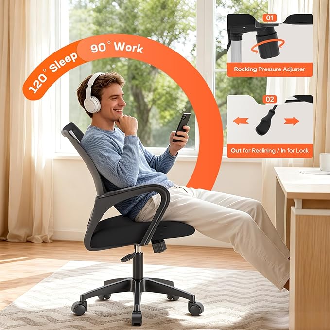 BestOffice Ergonomic Office Chair | Mid-Back Swivel Desk Chair | Dark Black | with Lumbar Support, Adjustable Height & Breathable Backrest | Sponge Seat & Rolling Wheels | for Home, Office | Pack of 1