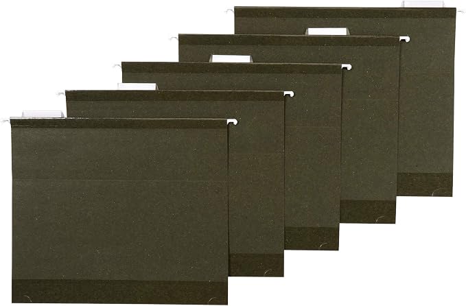 Amazon Basics Hanging File Folders, Letter Size, Standard Green, 1/5-Cut Adjustable Tabs, Reinforced Extra Capacity for Bulky Files, 25 Per Box