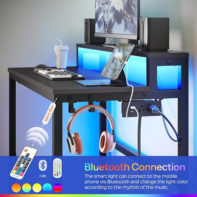 Small Computer Desk with Charging Station and LED Lights, Gaming Desk with Monitor Stand, 2-Tier Home Office Desk with 4 Side Hooks, for Living Room, Home Office, Black DN01UDBBY2