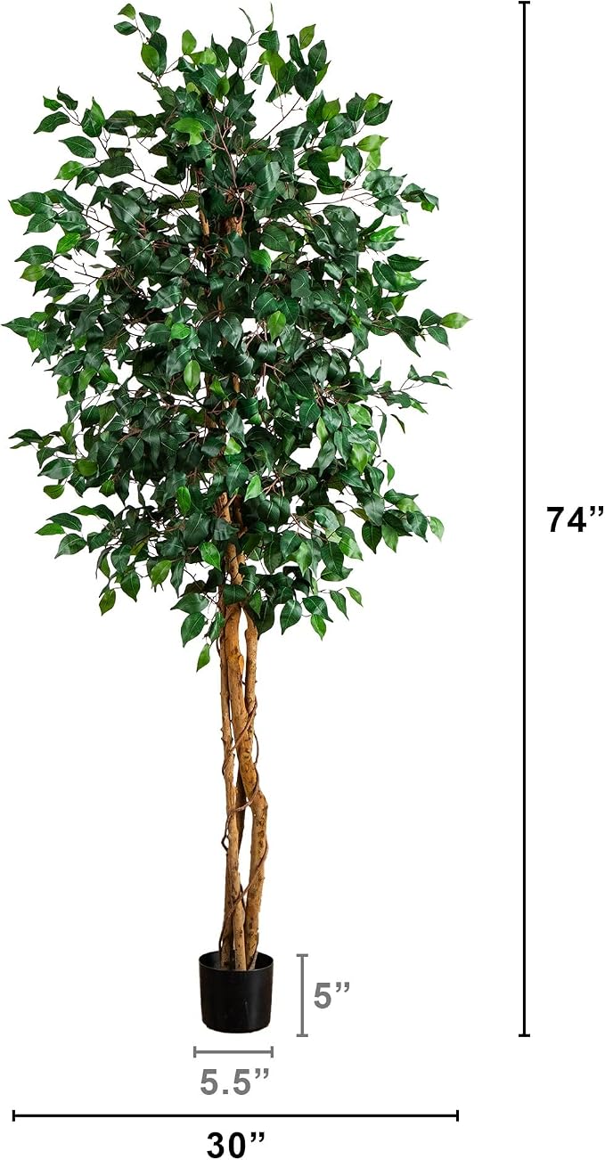 Nearly Natural 74 in Triple Trunk Artificial Ficus Tree for Home Decor | Lush Deep Green Leaves, Natural Wood Trunks, Black Nursery Planter, Ideal for Indoor Home Decor