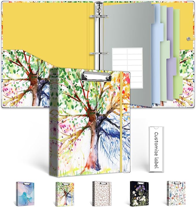 Mini 3 Ring Binder 1 Inch for 5.5"x8.5" Paper, Small Three Ring Binders with Clipboard,5-Tab Dividers,Interior Pocket, Spine ID Label Holder, BVSSX A5 Binder with Pen Holder,Season Tree
