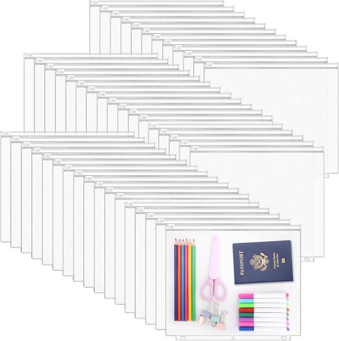 48 Pack Letter Size Binder Pockets for 3-Ring Binder Zipper Pouch Waterproof PVC Document Organizer 3-Hole Loose Leaf Folders File Sleeves Storage Bags Side Loading for Business Office Supplies