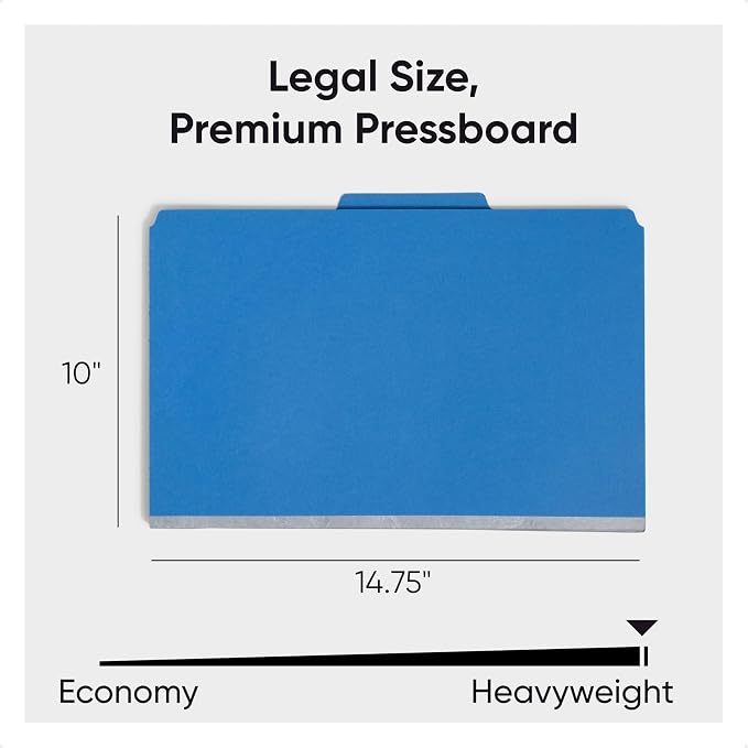 Smead Pressboard Legal Size File Folders with SafeSHIELD Fasteners, 2 Dividers, 2" Expansion, Office Folders, Paper Holder, Dark Blue, 10 per Box (19035)