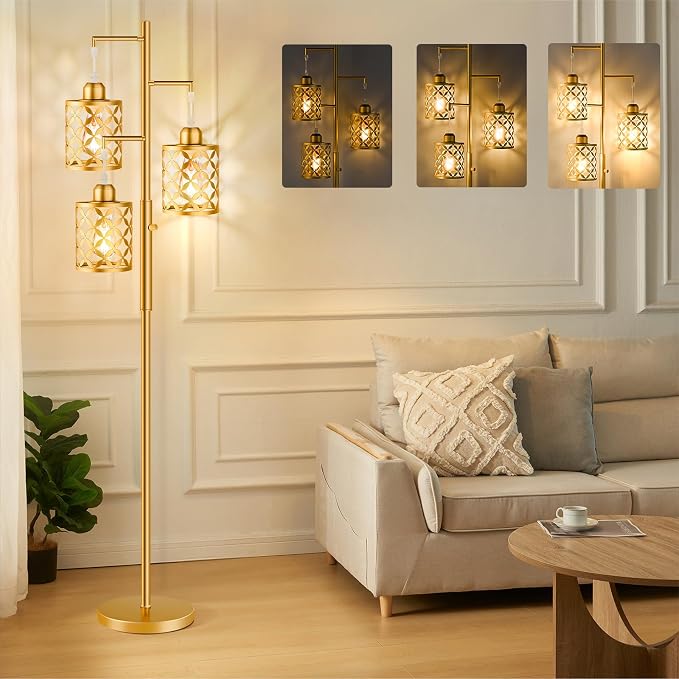 Dimmable Floor Lamp, Farmhouse Standing Lamp with Elegant Metal Cage, Industrial Tall Tree Floor Lamps for Living Room Bedroom Study Room Office, 3 x 800LM LED Bulbs Included - 68", Gold