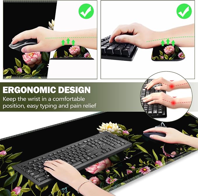 Gaming Mouse Pad Wrist Support Set, XXL Large Desk Mat Mousepad + Keyboard Wrist Support+ Mouse Wrist Rest+Coaster 4in1 Ergonomic, Stitched Edge for Home Office -Flowers and Butterflies