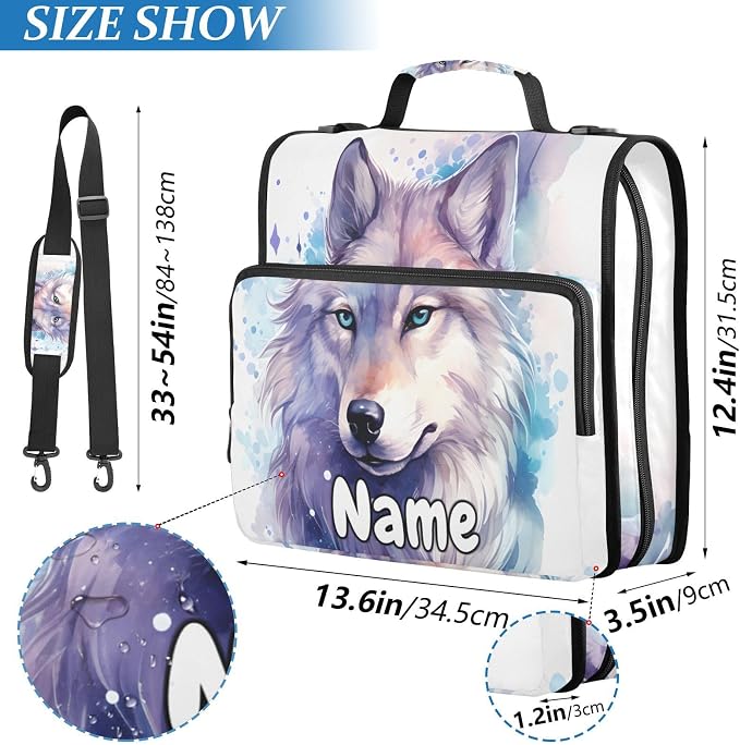 Custom Wolf Watercolor 3 Ring Binder Bag 1.5 inch Personalized Name Binder Organizer 500 Sheet Documents Storage for School Office