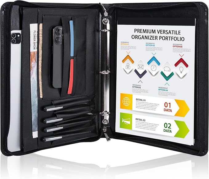 Black Vegan Leather Binder Portfolio for Women and Men,3 Ring Portfolio Binder with Zipper, A4 Planner Padfolio with Laptop Pocket,Legal Size Folio,Work padfolio Organizer for Women