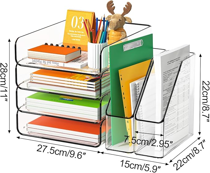 FANXIYQ 4-Tier Acrylic Paper Tray Organizer with Bookends, Paper Organizer | Tool-Free Stackable 1-4 Tier Design with 2 Bookends for Files, Folders and A4 Paper; For School, Home Office and Study Room