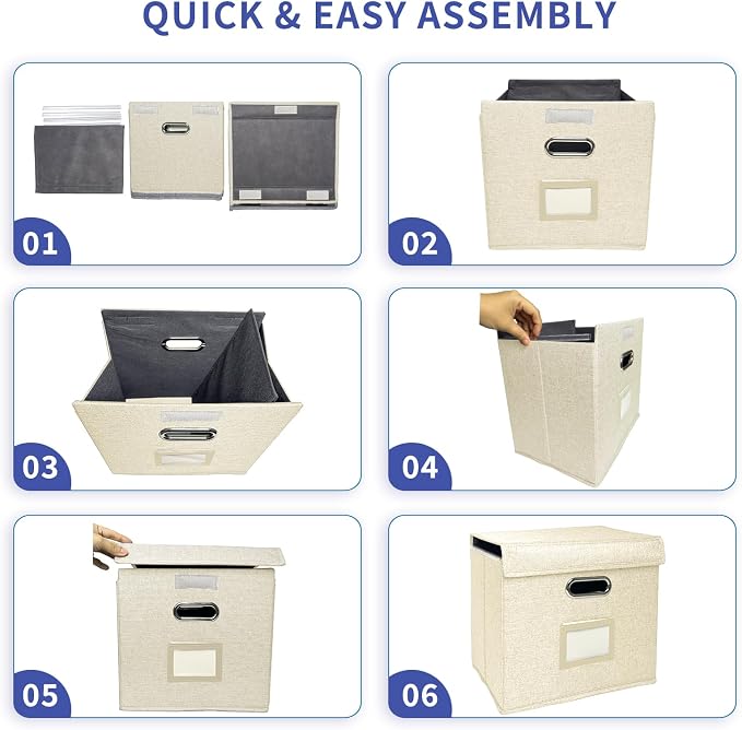 6 Pack Hanging File Folder Box with Lid, Durable Letter Size Filing Storage Box, Sturdy File Holder with Cardboard Support PVC Rails for Office Home Organizer, Beige
