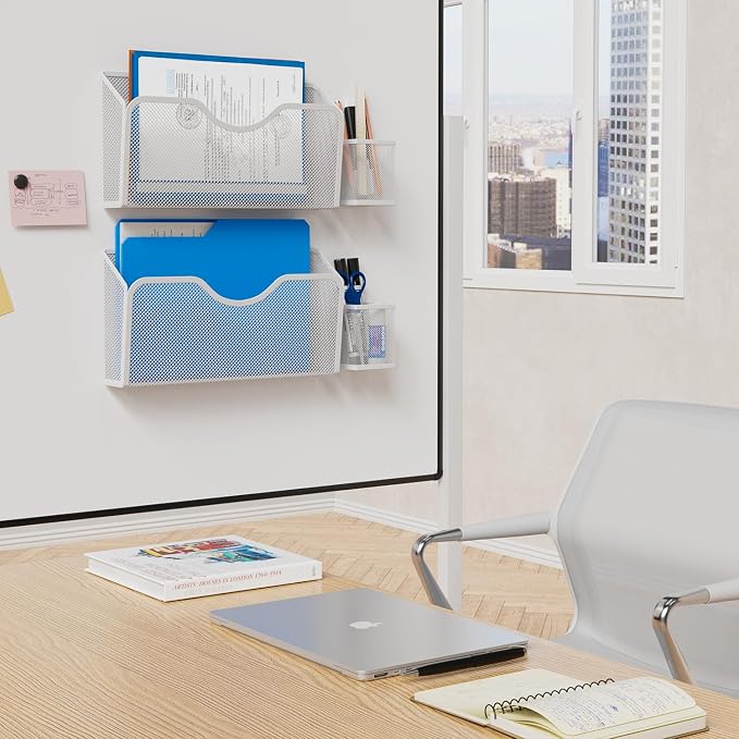 JANE EYRE Magnetic File Holder - 2pcs Hanging File Organizer Magazine Document Paper Holders with 2pcs Pen Holders for Classroom Cabinets Office,No Drilling(WHITE)