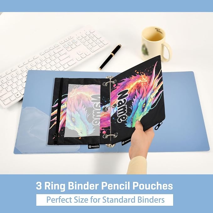 Custom Lightning Dragon Watercolor Pencil Pouch for 3 Ring Binder, 2 Pack Personalized Name Waterproof Pencil Bags Clear Window Pencil Case School Office Supplies