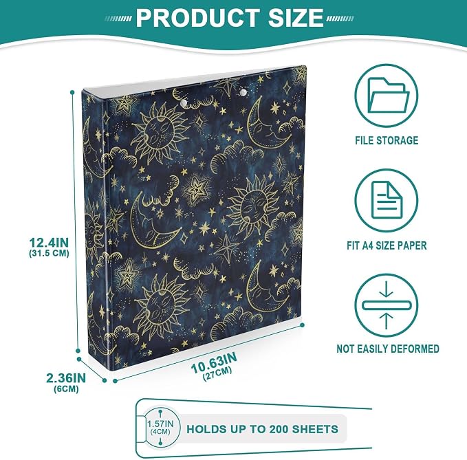 3 Ring Binder Vintage Moon Sun Star Sky 1.5 Inch Three Ring Binder | Cute Binder with 3 Storage Pockets for Women School Office Supplies