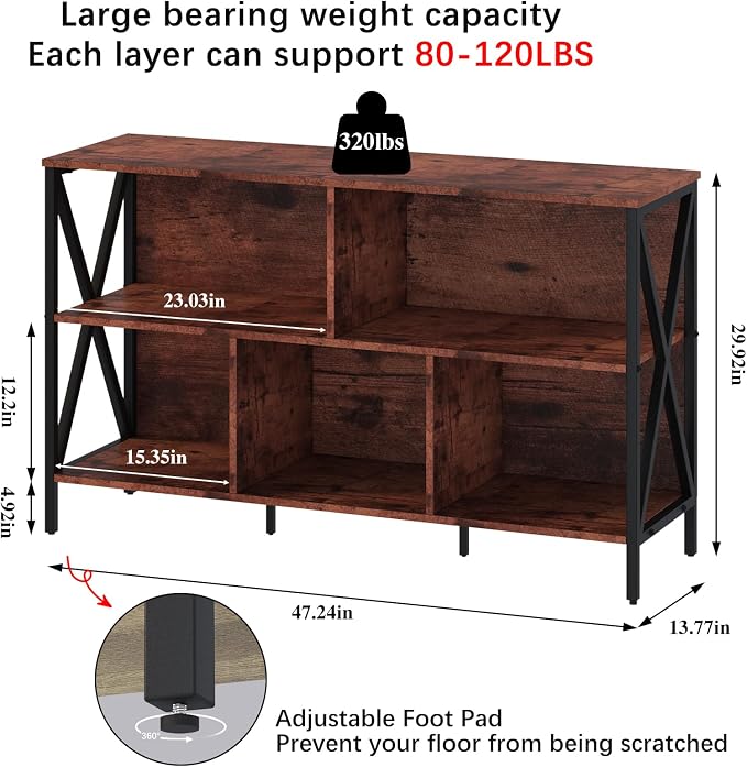 Adompacat 47" 5 Cube LED Bookshelf, Industrial Horizontal Storage Organizer, Wood Metal Low Wide Cubby Bookcase with LED Lights, Open Shelf for Living Room Bedroom Game Room(47 in, Brown)