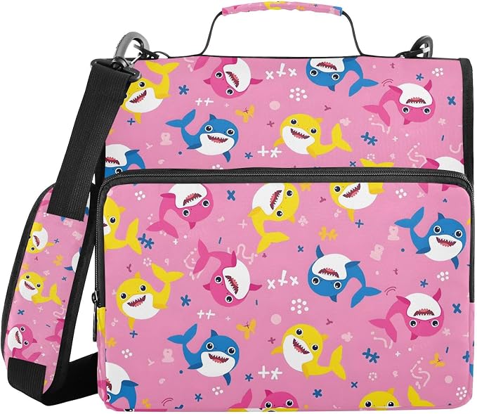 3 Ring Zipper Binder with Shoulder Strap Shark Cartoon Pink 2 Inch Zippered Binder Bag 500 Sheet Capacity Multi Pockets for School Supplies