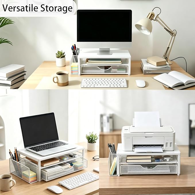 Spacrea Desk Organizer and Accessories, Computer Monitor Stand Riser with Drawer and 1 Open Pen Holder, Printer & Laptop Stand, Office Desk Accessories for Home Office Supplies (White)