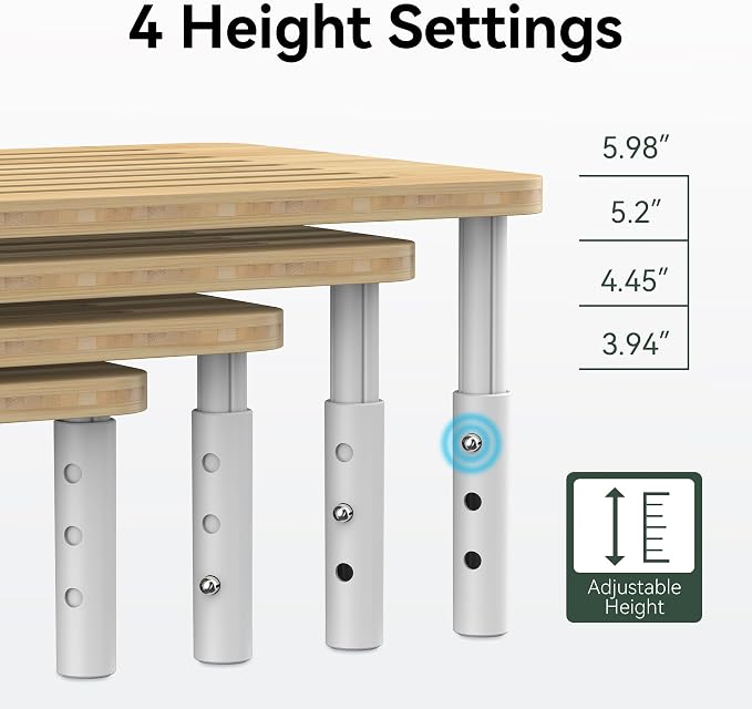 Bamboo Monitor Stand Riser, 4 Adjustable Height,Easy Assembly | Laptop Stand with Airflow Vents, Desk Organizer for Computer, PC, Printer