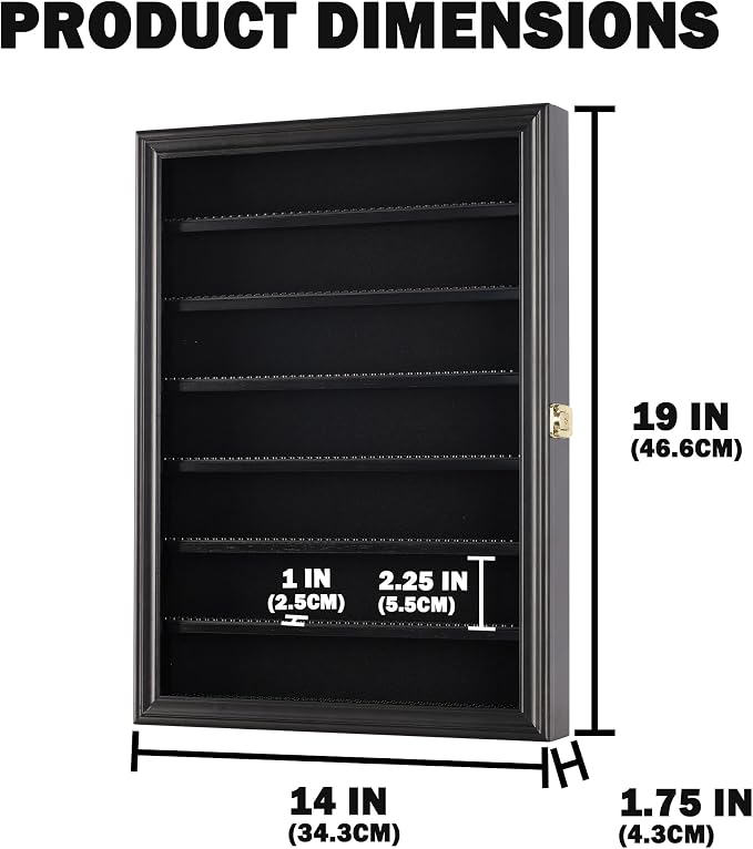 Minifigure Display Case - Building Block Toy Wall Cabinet Showcase for Small Miniature Collectibles Mini Brands Thimbles, 2.25" Shelf Height Lockable UV Protection Door (Black Finish Frame)