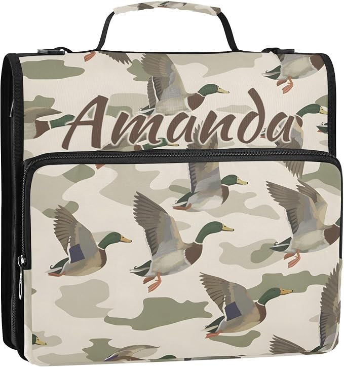 Custom 3 Ring Zipper Binder Wild Duck Camouflage Personalized Name 1.5 inch Binders Large Capacity Multi Pockets for School Office Supplies