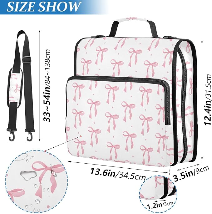 ALAZA Zipper Binder 3 Ring Cute Pink Bow Binder Organizer with Zipper and Shoulder Strap Large Capacity Multi-Pocket Trapper Keeper File Folder for Office Supplies