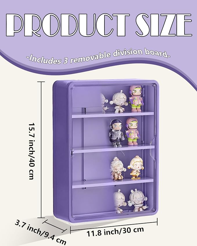 Wall Mounted Display Case for Figures, 15.75" High, Shadow Box with Shelves | Hanging Trinket Display Shelf for Collectibles Action Doll Blindboxes Storage, 4-Layer Purple Shelf with Magnetic Door 1 Pack