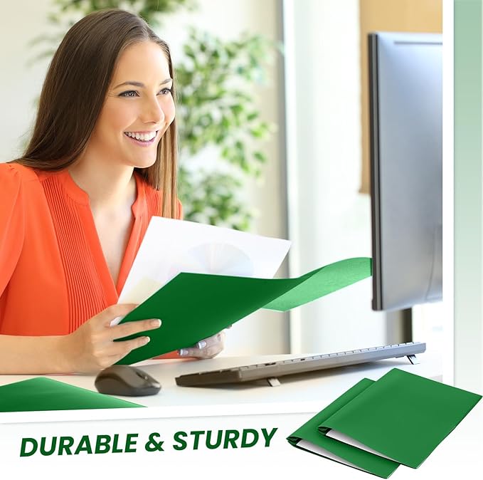 Lincia 100 Pcs Plastic Folders with Pockets and Prong Folders with Prongs 2 Pockets for Office, School for Students, Teachers, Office Workers(Deep Green)