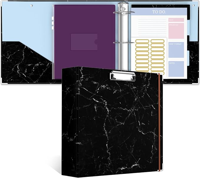 3 Ring Binder, 3 Inches Round Ring Binder with Clipboard, Dividers Tabs, PVC Zipper Bag Sleeves & to Do List Planners for Women, Men, School, Office Supplies, Black Marble