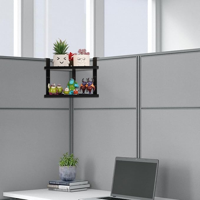 Office Cubicle Shelf, Double Layer Cubicle Storage with Adjustable Hooks | Shelf Organizer Accessories, Height Adjustable 11in Large Hanging Corner Shelf for Plant, Book, Photo Frames, Tissue, Black