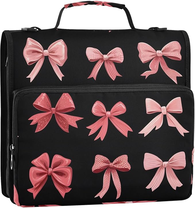 3 Ring Zipper Binder with Shoulder Strap Pink Red Bow Black 1.5 inch Binders Keeper Large Capacity Multi Pockets for School Office Supplies